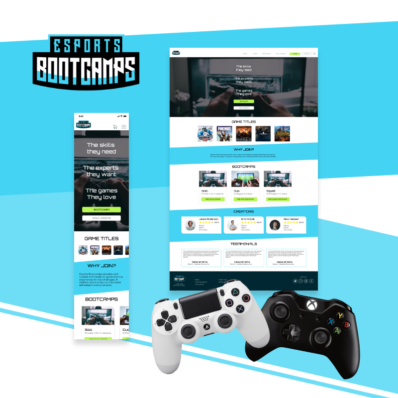 esports bootcamps logo, mobile and web design with game controllers in a corner
